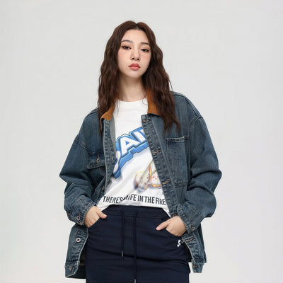 Unisex Spring Yellow Collar Vintage Washed Denim Jacket