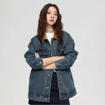 Unisex Spring Yellow Collar Vintage Washed Denim Jacket