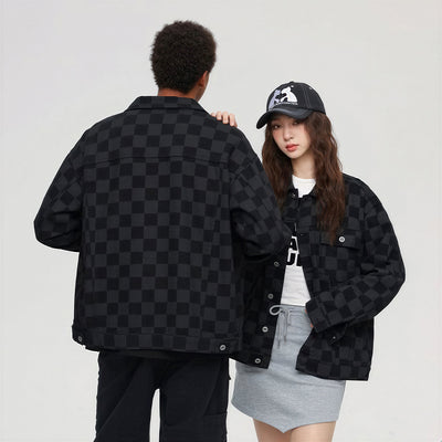 Unisex Spring Checkerboard Oversized Denim Trucker Jacket