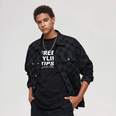 Unisex Spring Checkerboard Oversized Denim Trucker Jacket