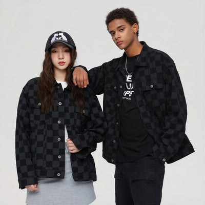 Unisex Spring Checkerboard Oversized Denim Trucker Jacket