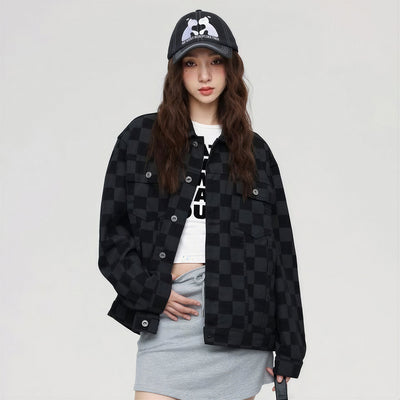 Unisex Spring Checkerboard Oversized Denim Trucker Jacket
