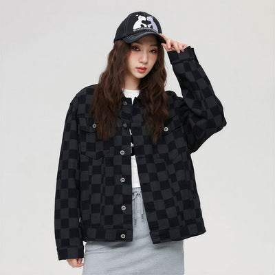 Unisex Spring Checkerboard Oversized Denim Trucker Jacket