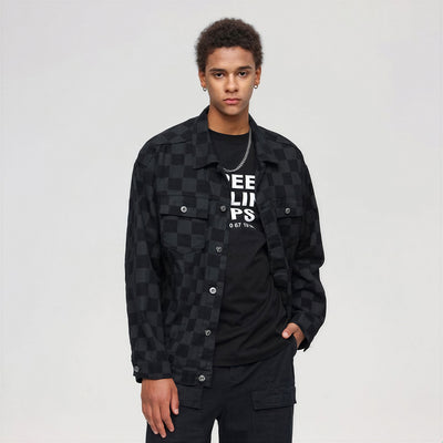 Unisex Spring Checkerboard Oversized Denim Trucker Jacket