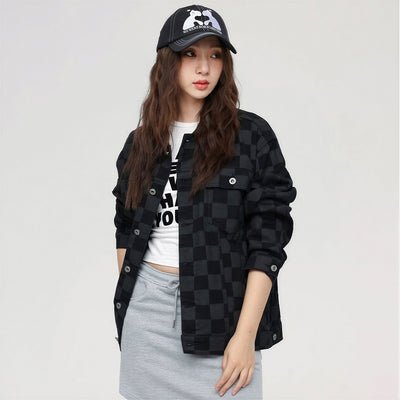 Unisex Spring Checkerboard Oversized Denim Trucker Jacket