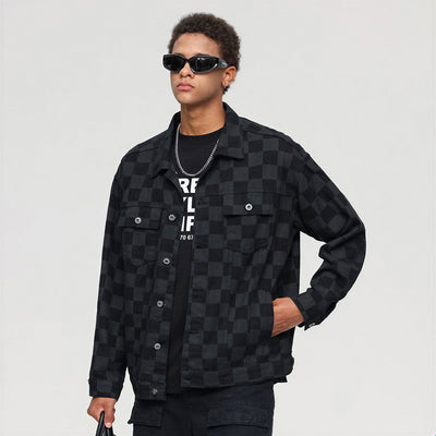 Unisex Spring Checkerboard Oversized Denim Trucker Jacket