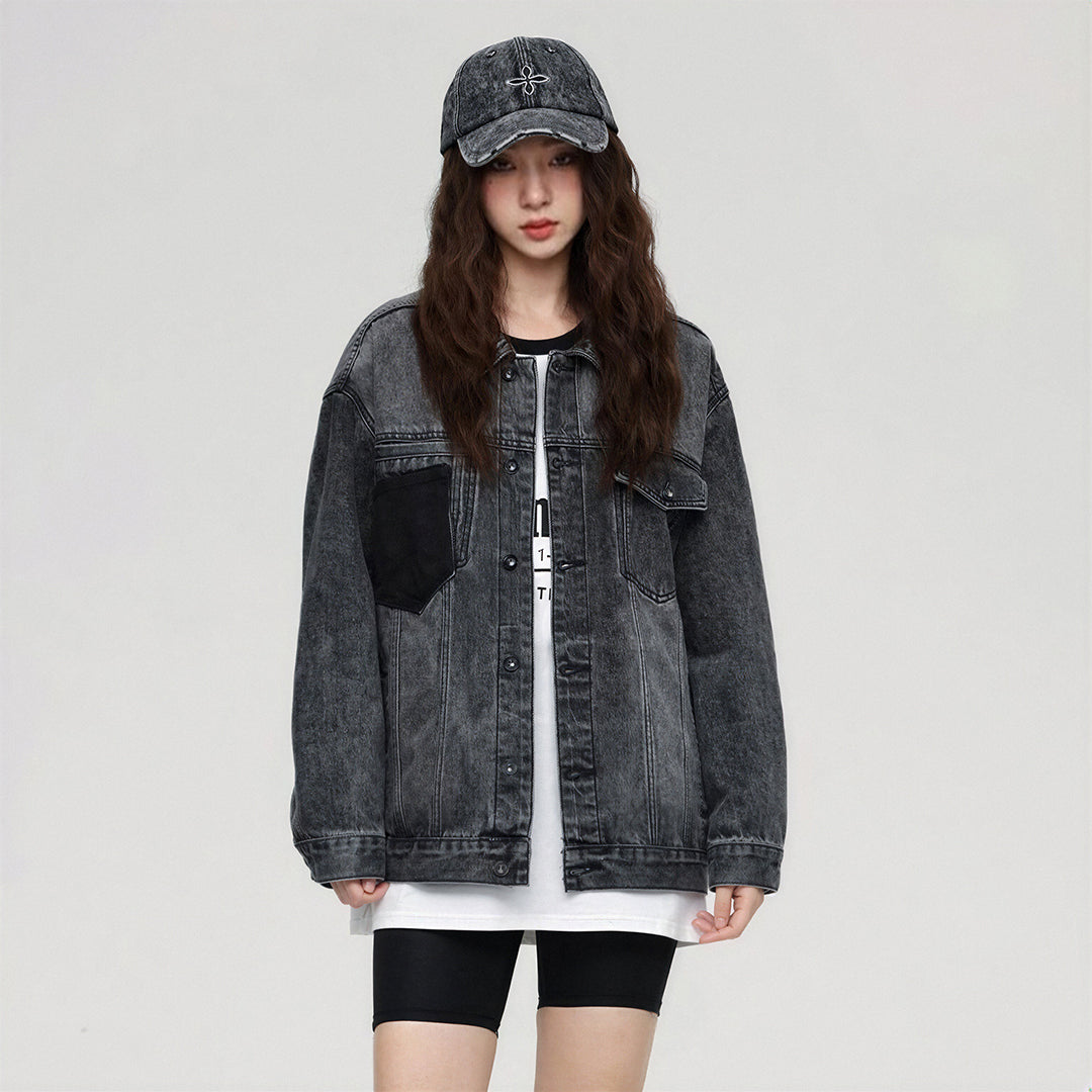 Unisex Spring Washed Patchwork Oversized Denim Trucker Jacket