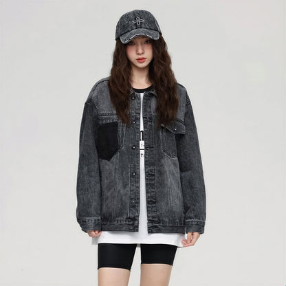 Unisex Spring Washed Patchwork Oversized Denim Trucker Jacket