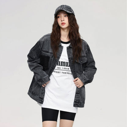 Unisex Spring Washed Patchwork Oversized Denim Trucker Jacket