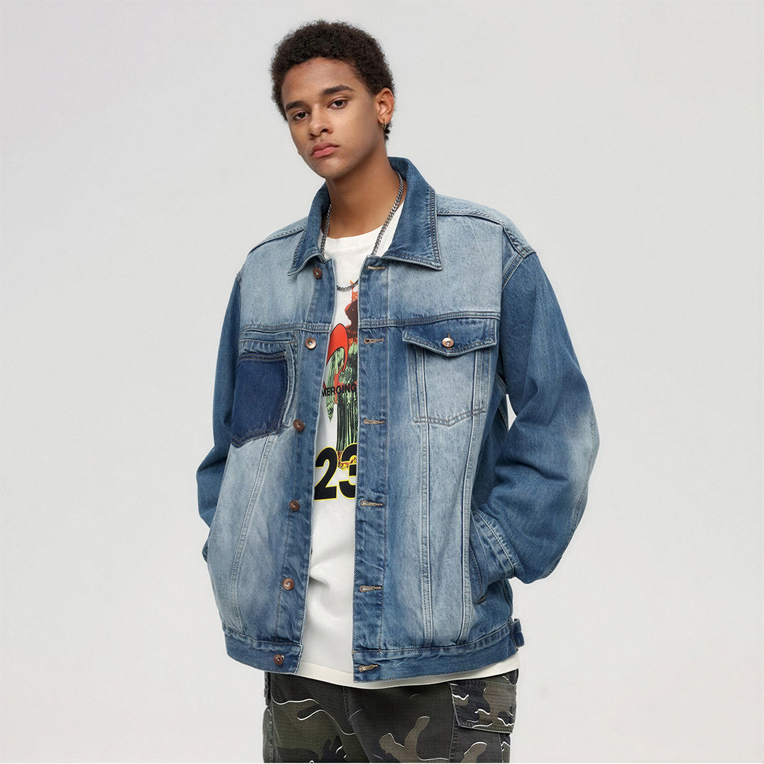 Unisex Spring Washed Patchwork Oversized Denim Trucker Jacket