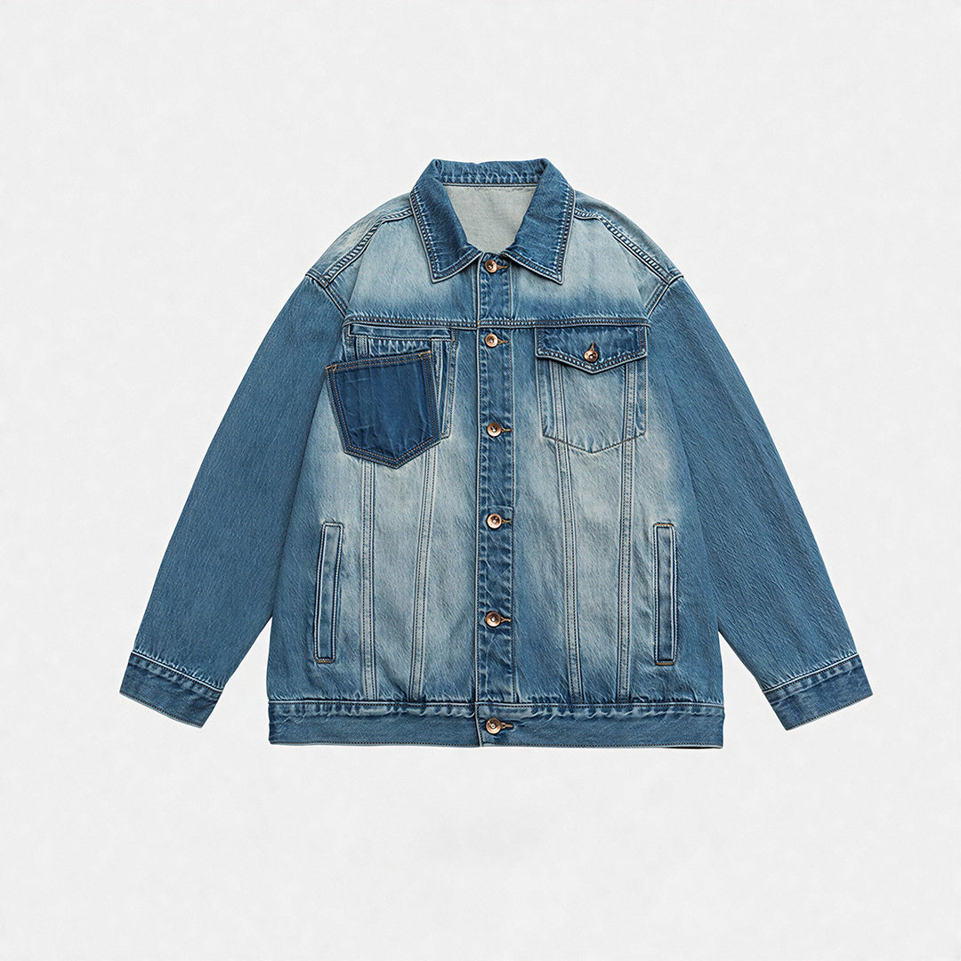 Unisex Spring Washed Patchwork Oversized Denim Trucker Jacket