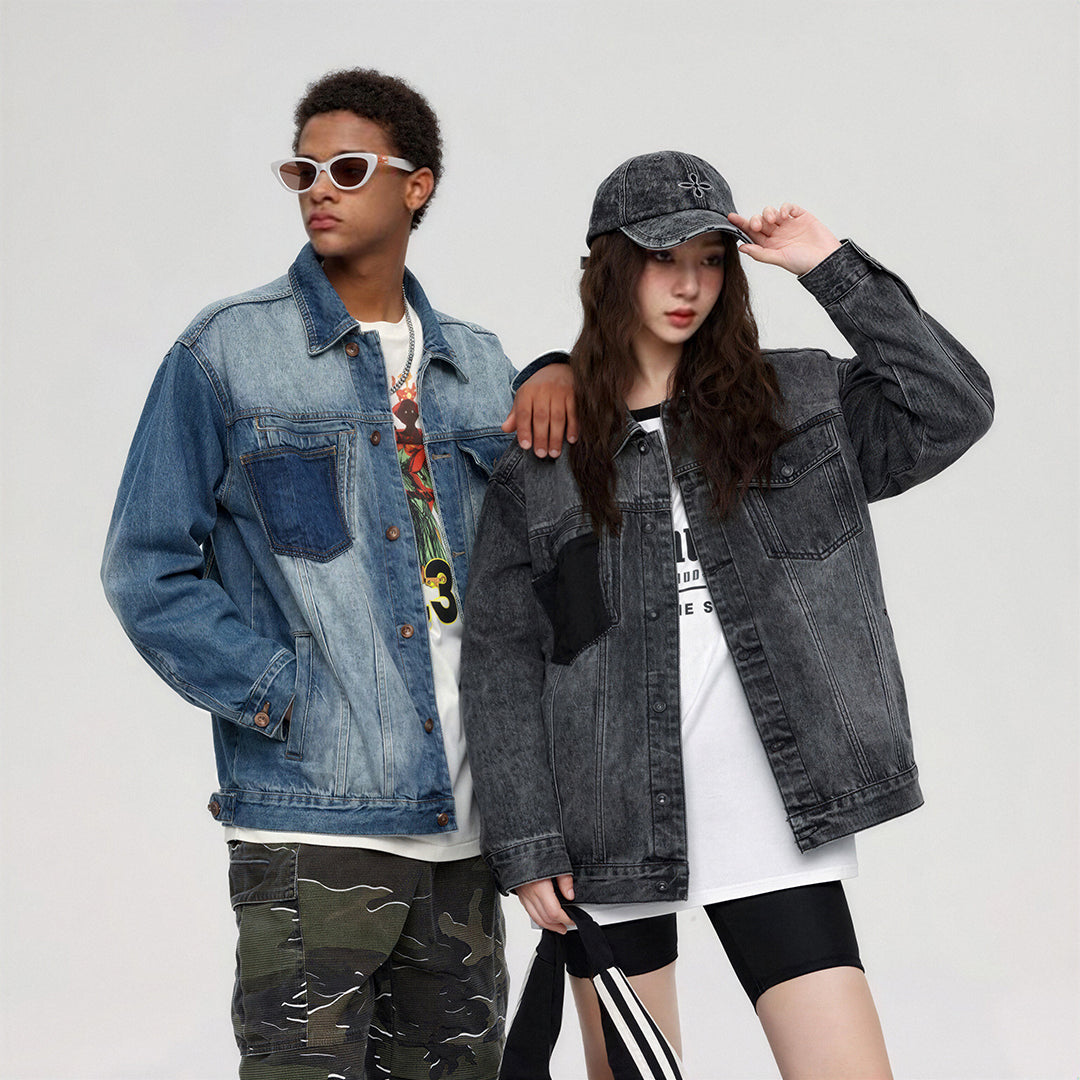 Unisex Spring Washed Patchwork Oversized Denim Trucker Jacket