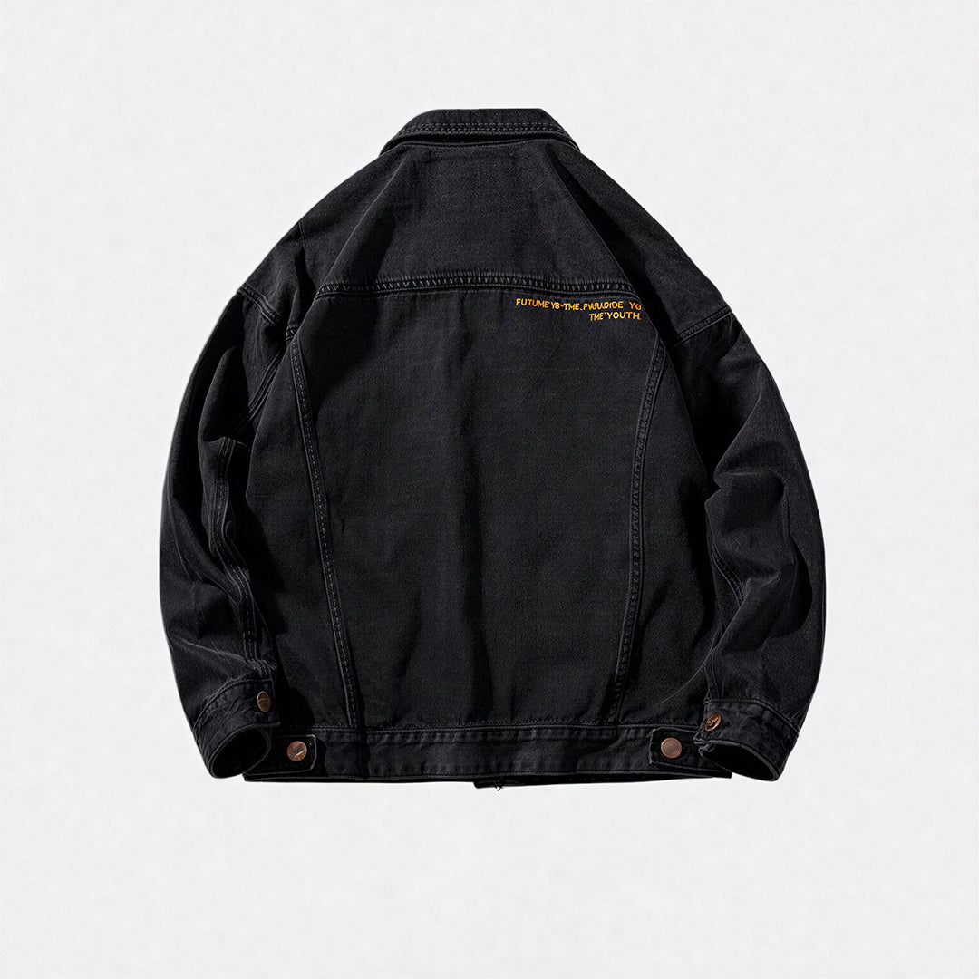 Unisex Spring Solid Black Oversized Denim Trucker Jacket