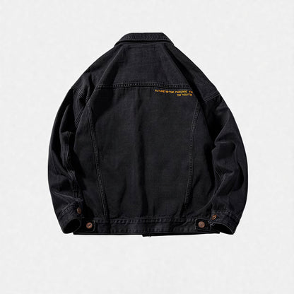 Unisex Spring Solid Black Oversized Denim Trucker Jacket