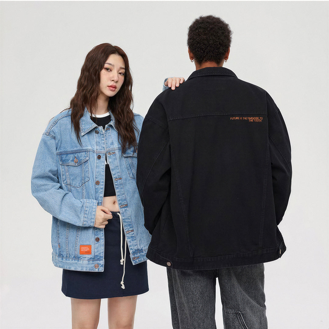 Unisex Spring Solid Black Oversized Denim Trucker Jacket