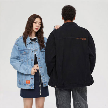 Unisex Spring Solid Black Oversized Denim Trucker Jacket