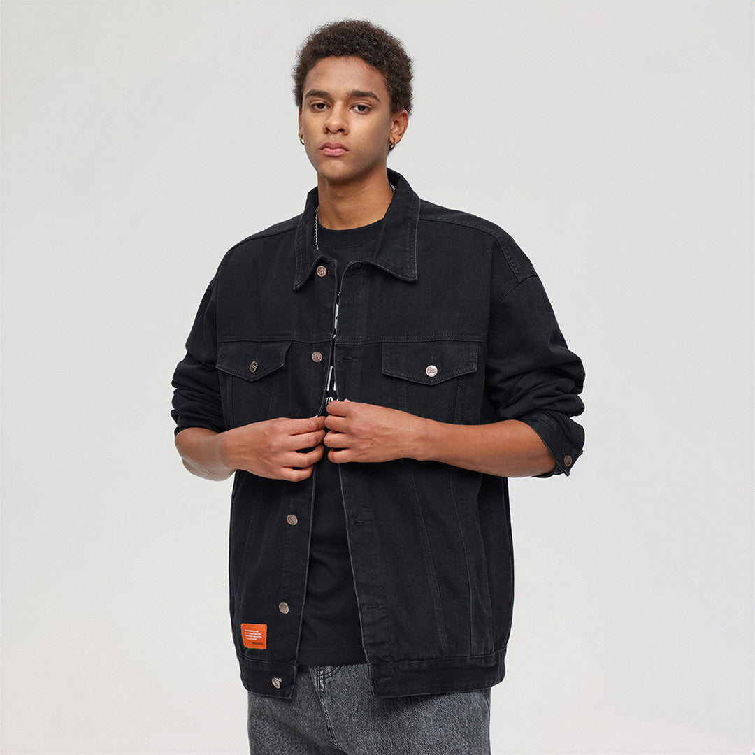 Unisex Spring Solid Black Oversized Denim Trucker Jacket
