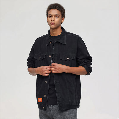 Unisex Spring Solid Black Oversized Denim Trucker Jacket