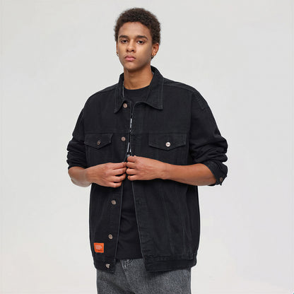 Unisex Spring Solid Black Oversized Denim Trucker Jacket