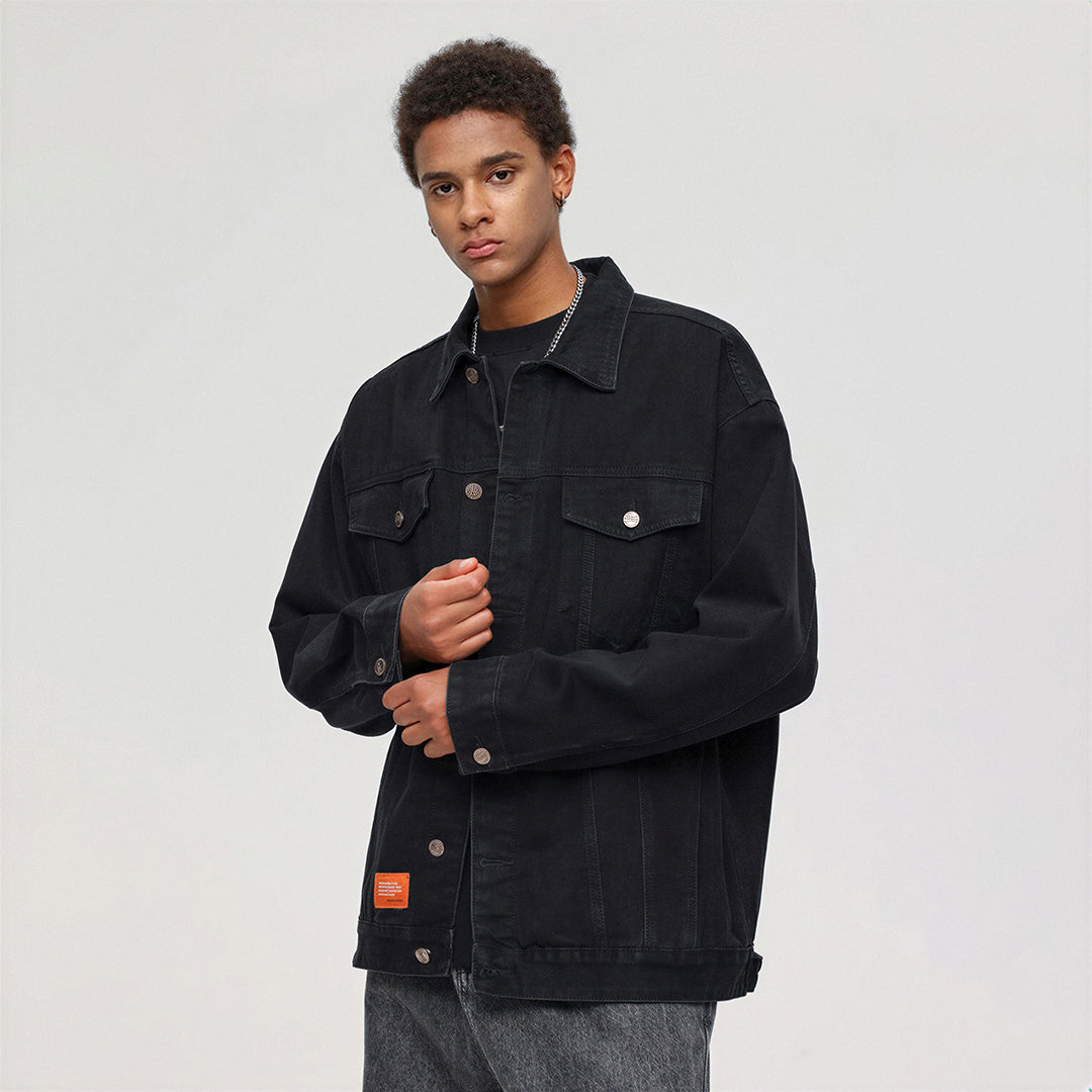 Unisex Spring Solid Black Oversized Denim Trucker Jacket