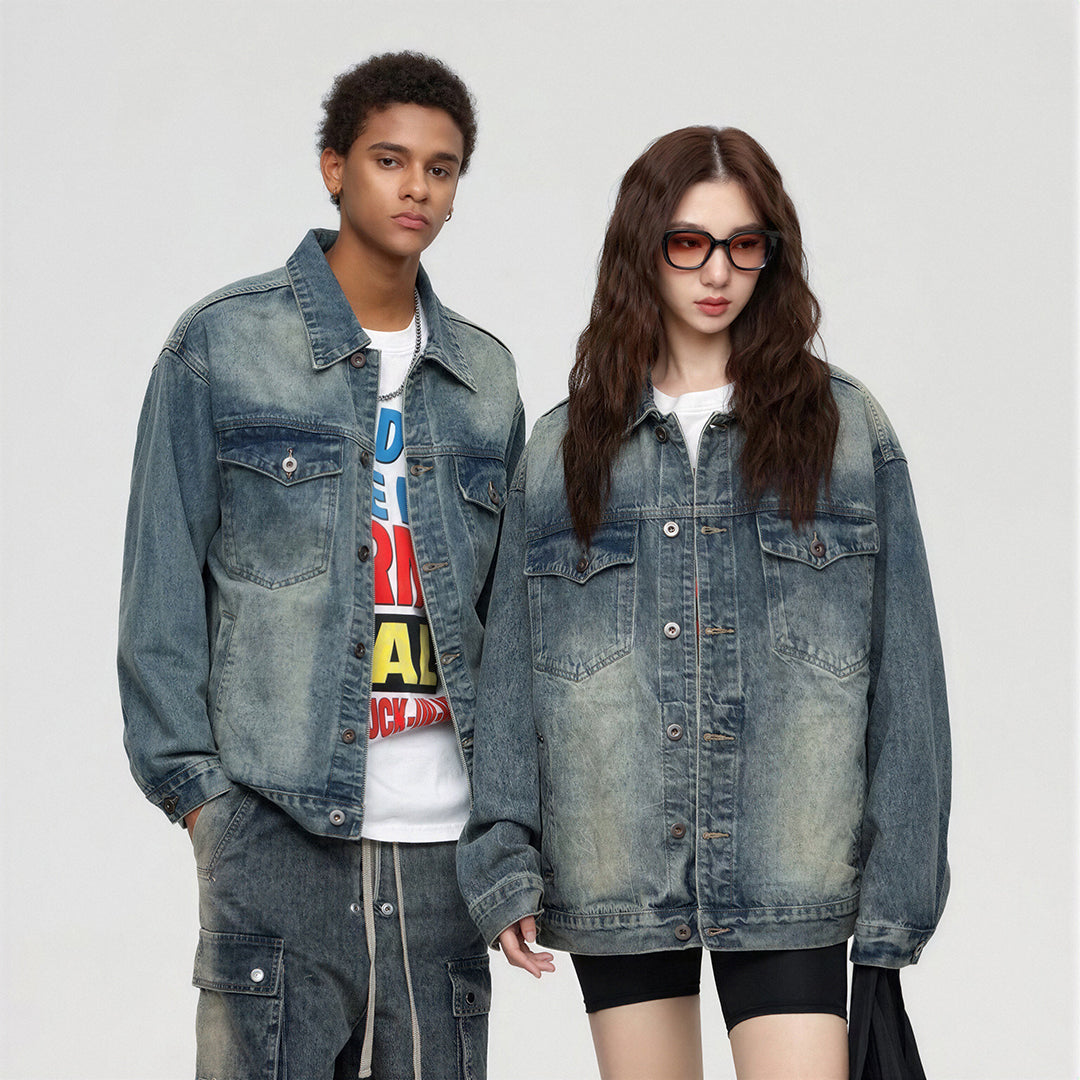 Unisex Spring Vintage Washed Oversized Denim Trucker Jacket