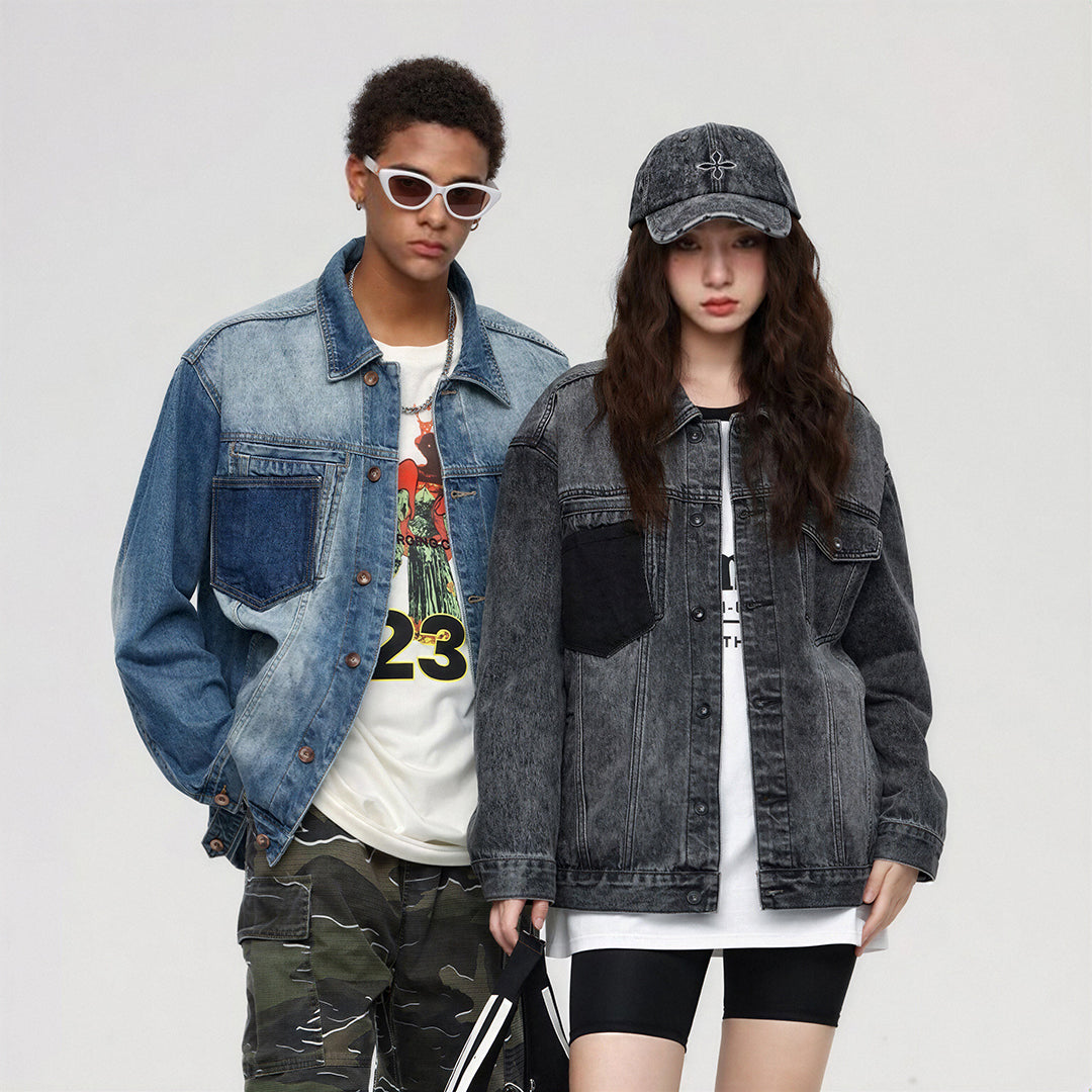 Unisex Spring Washed Patchwork Oversized Denim Trucker Jacket