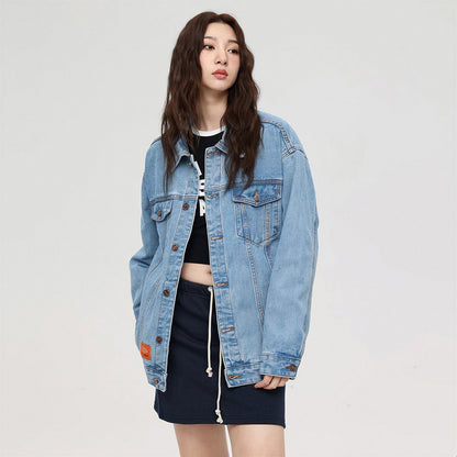 Unisex Spring Solid Black Oversized Denim Trucker Jacket