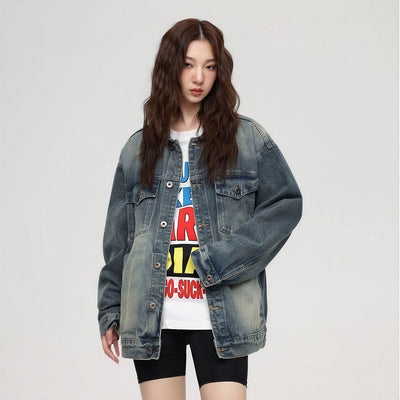 Unisex Spring Vintage Washed Oversized Denim Trucker Jacket