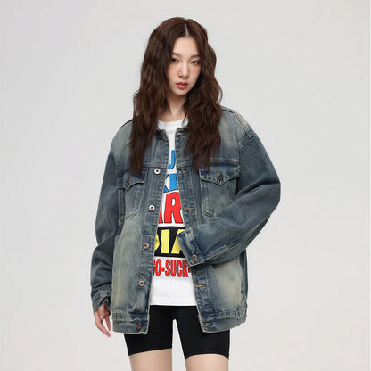 Unisex Spring Vintage Washed Oversized Denim Trucker Jacket