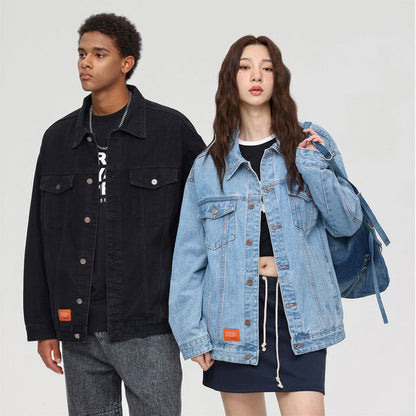 Unisex Spring Solid Black Oversized Denim Trucker Jacket