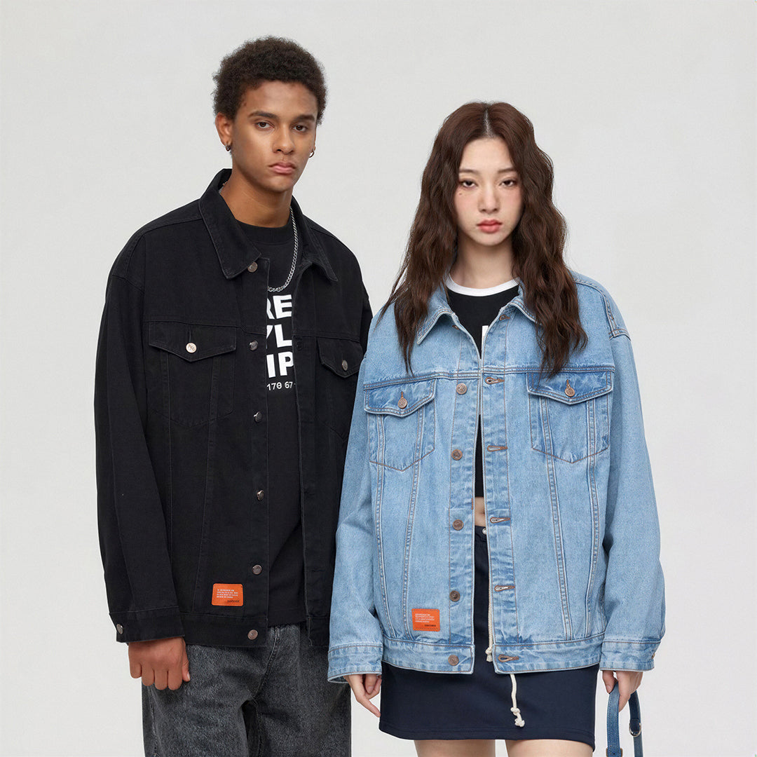 Unisex Spring Solid Black Oversized Denim Trucker Jacket