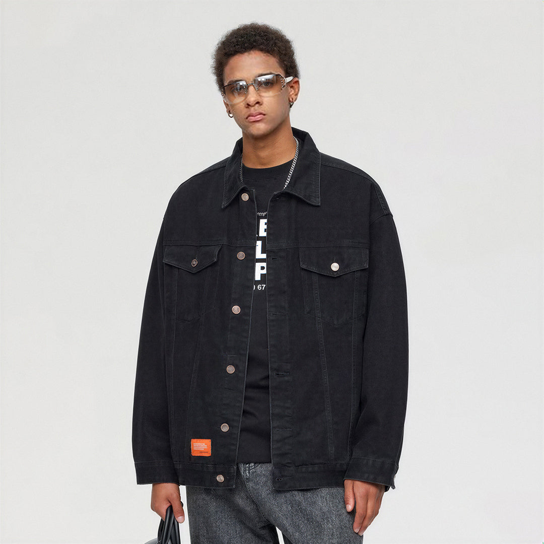 Unisex Spring Solid Black Oversized Denim Trucker Jacket