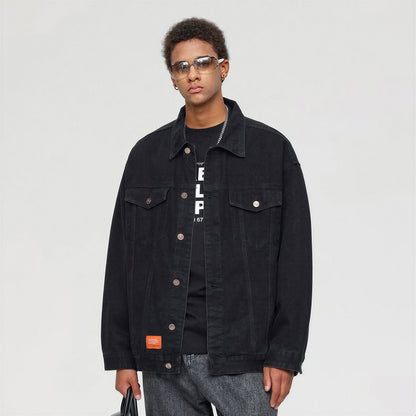 Unisex Spring Solid Black Oversized Denim Trucker Jacket
