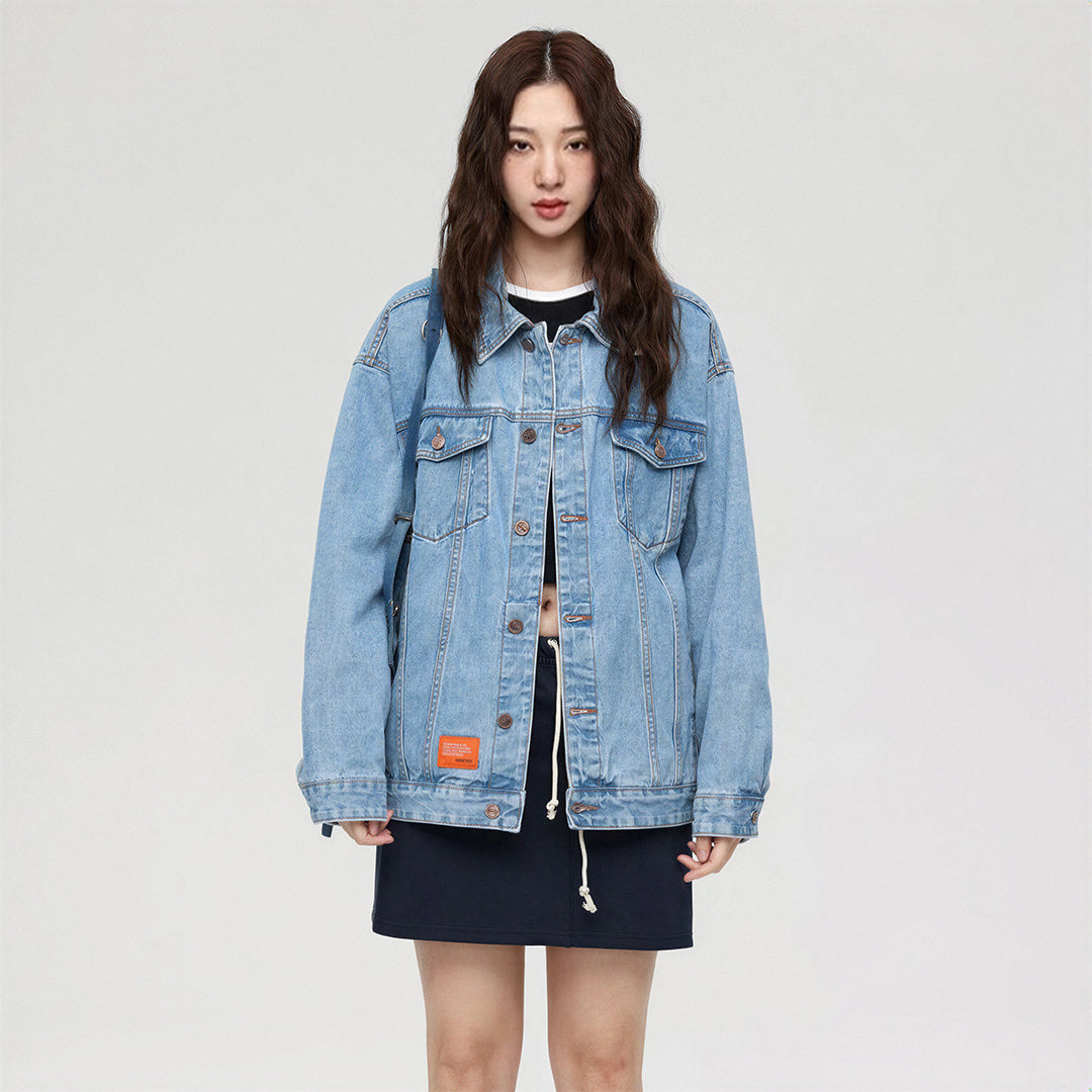Unisex Spring Solid Black Oversized Denim Trucker Jacket