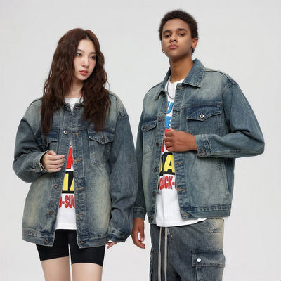 Unisex Spring Vintage Washed Oversized Denim Trucker Jacket