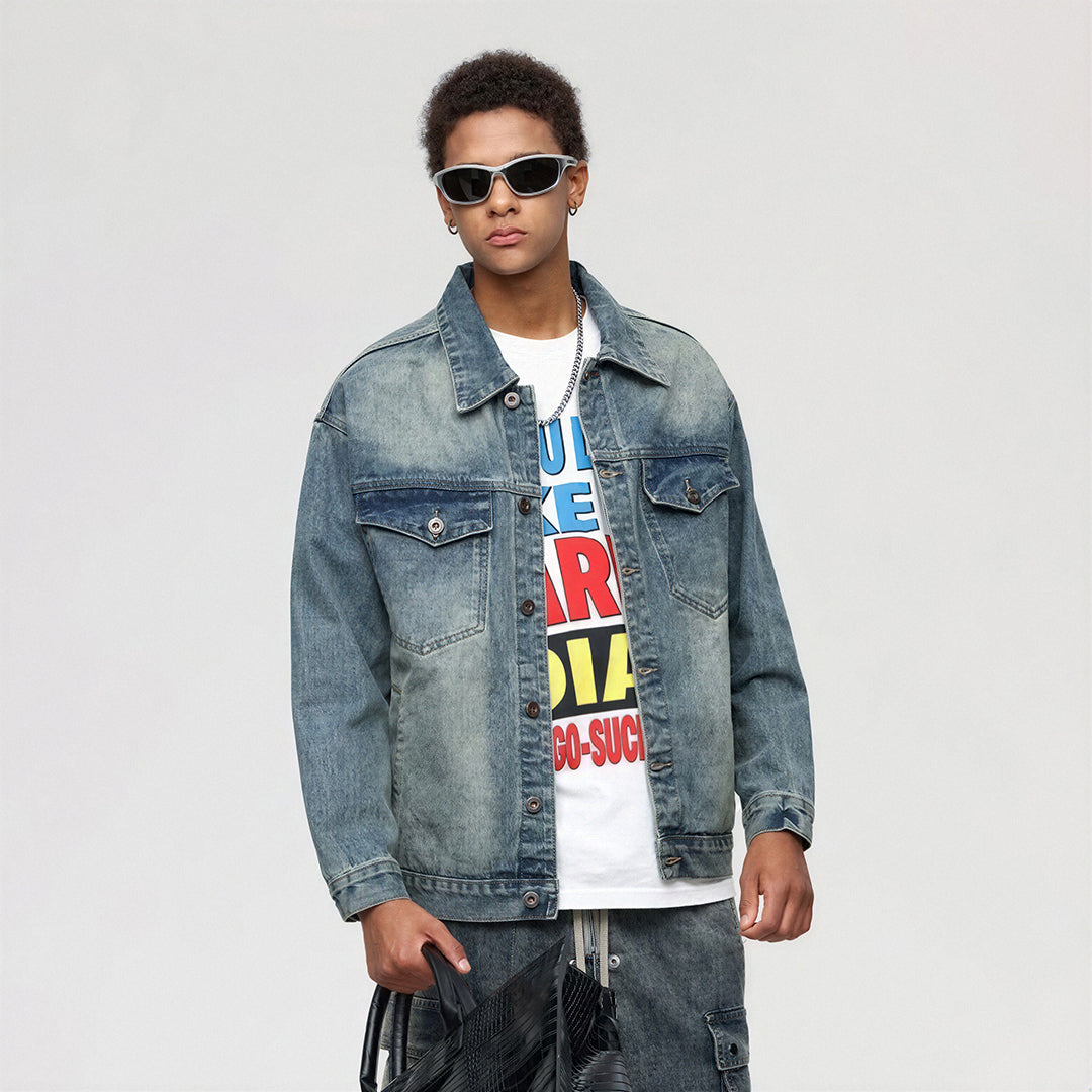Unisex Spring Vintage Washed Oversized Denim Trucker Jacket