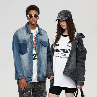 Unisex Spring Washed Patchwork Oversized Denim Trucker Jacket