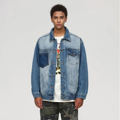 Unisex Spring Washed Patchwork Oversized Denim Trucker Jacket