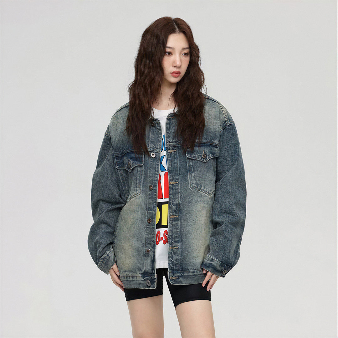 Unisex Spring Vintage Washed Oversized Denim Trucker Jacket