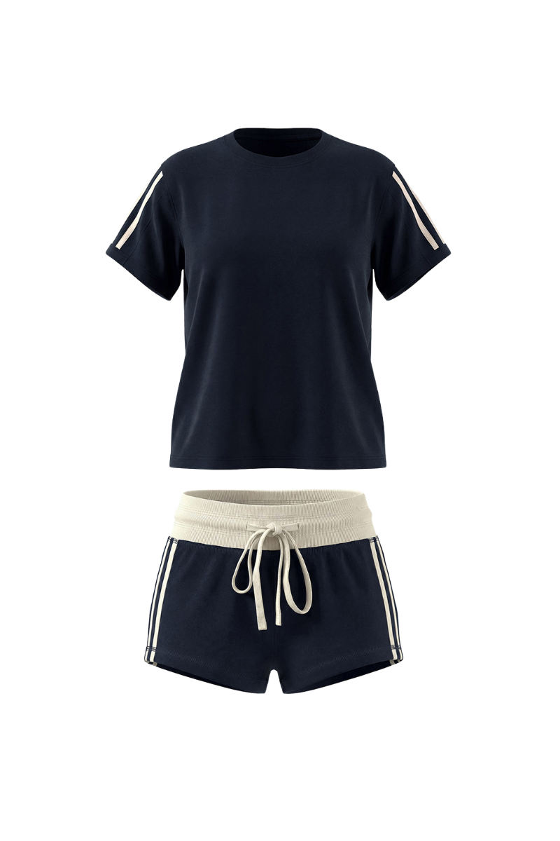 Unisex Summer Side Stripe Cropped T Shirt Shorts Set
