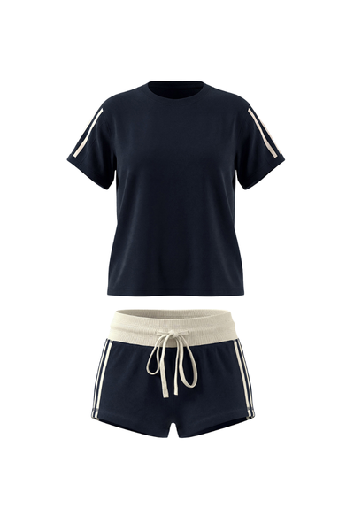 Women Summer Side Stripe Cropped T Shirt Shorts Set