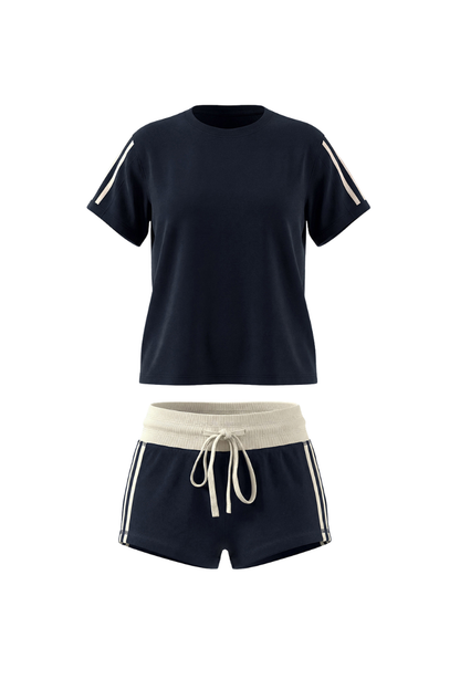 Unisex Summer Side Stripe Cropped T Shirt Shorts Set