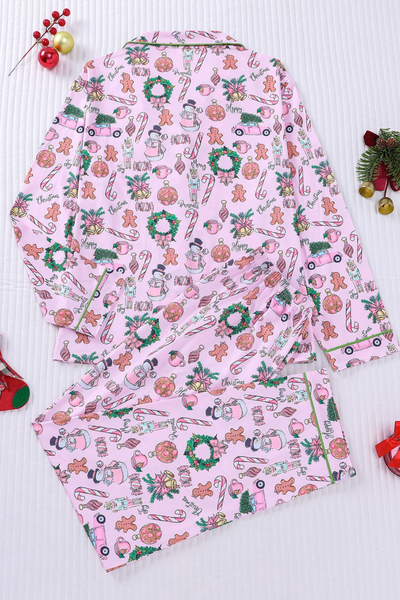 Women's Christmas Pink Striped Open Collar Pajama Set