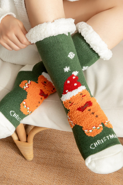 Women Winter Christmas Fleece Cuff Non Slip Slipper Socks