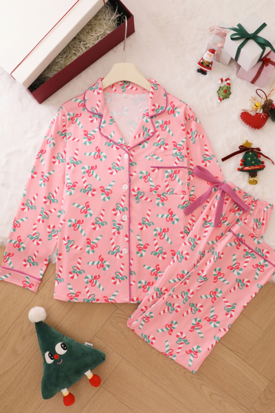 Women's Christmas Pink Striped Open Collar Pajama Set