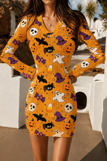Women Fall Halloween Pumpkin Ribbed Bodycon Mini Dress