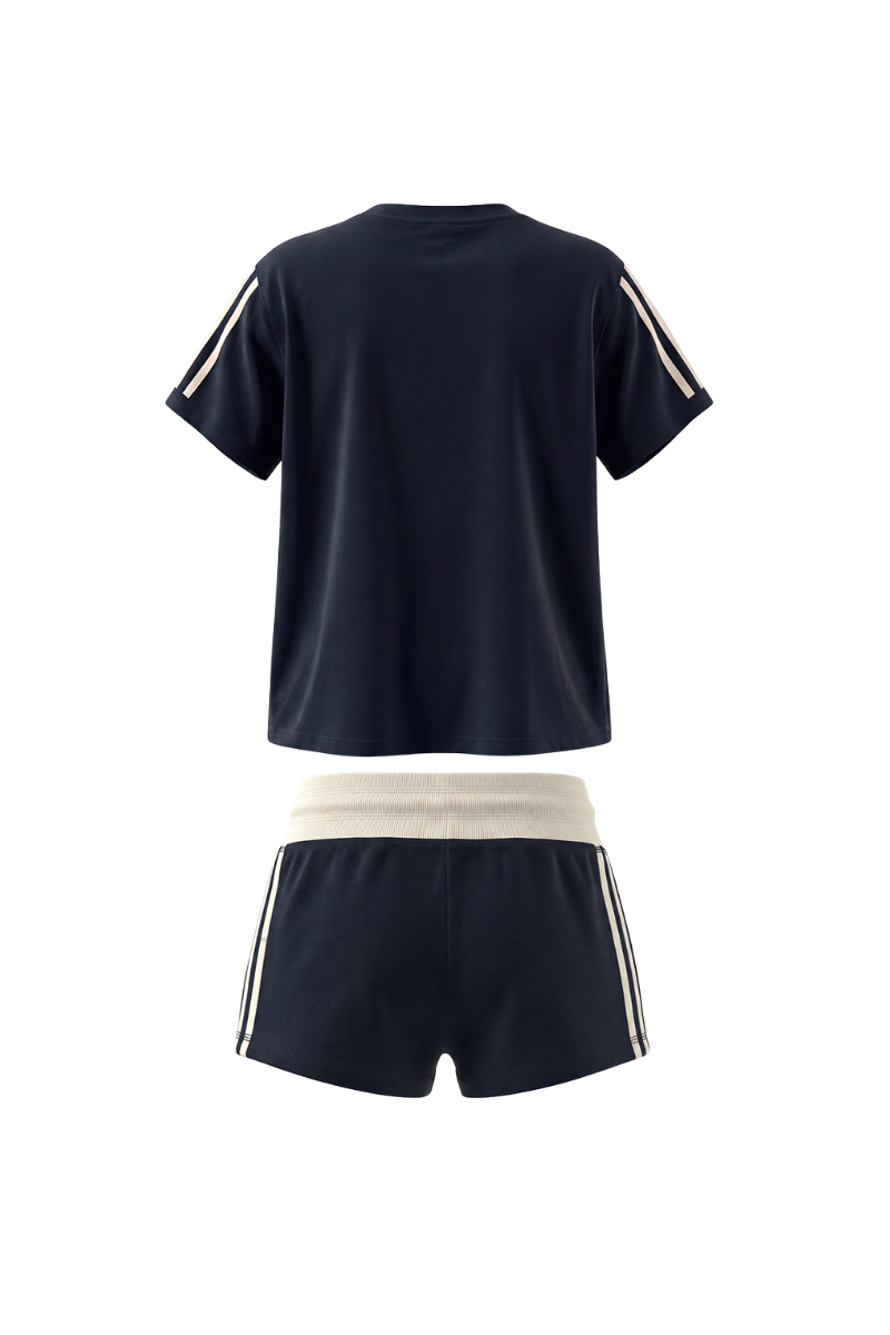 Unisex Summer Side Stripe Cropped T Shirt Shorts Set