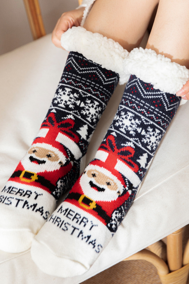Women Winter Christmas Fleece Cuff Non Slip Slipper Socks