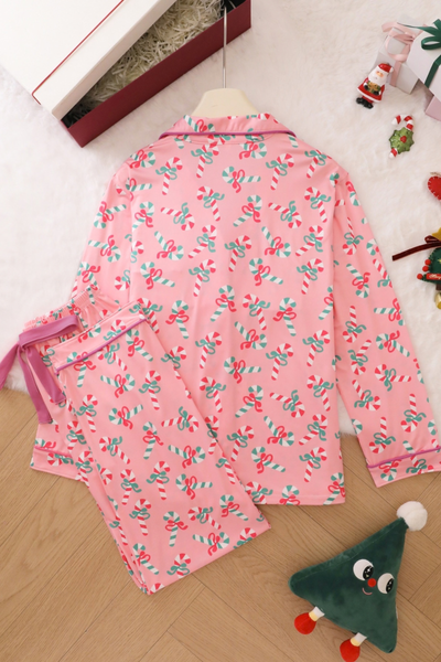 Women's Christmas Pink Striped Open Collar Pajama Set