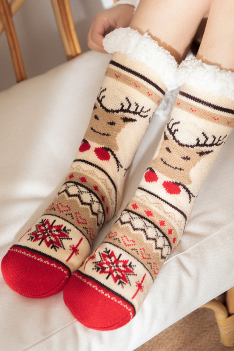 Women Winter Christmas Fleece Cuff Non Slip Slipper Socks